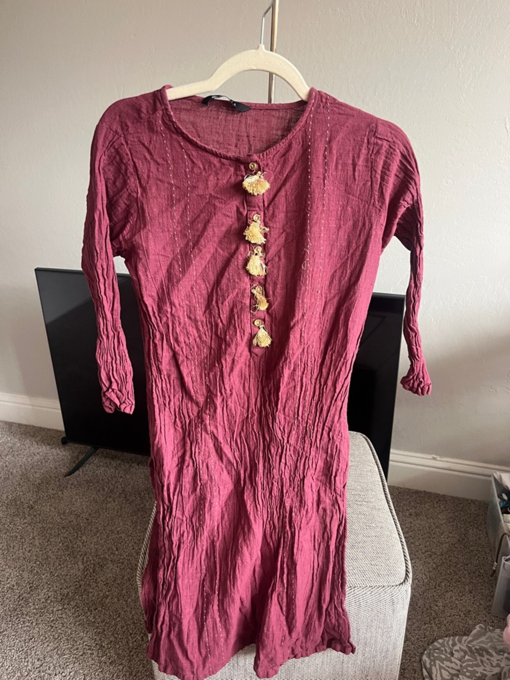 Tassel Button Midi Dress - Wine